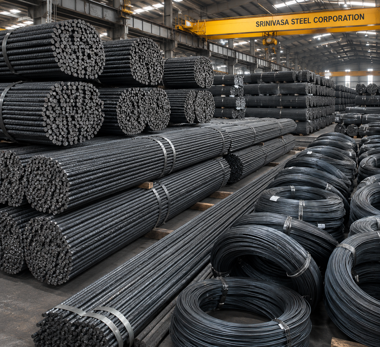 Large organized inventory of bulk TMT steel bars in stockyard